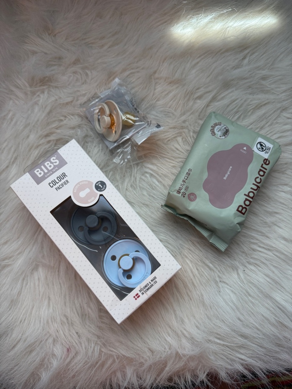 BIBS 3 size 1 pacifiers & wipes